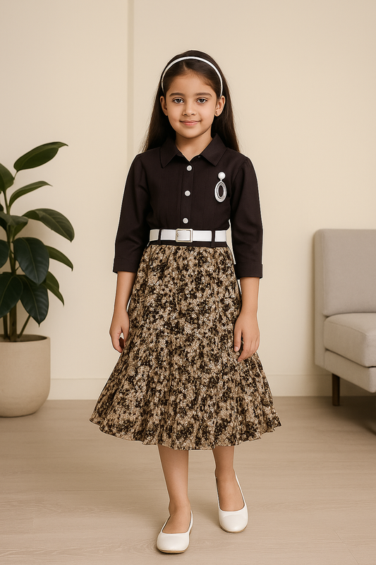Girls Floral Collar Casual Dress with Belt