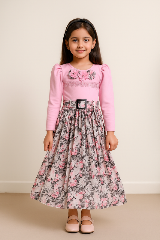 Girls Floral Pleated Casual Dress with Belt