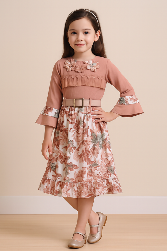 Girls Printed Casual Dress with Bell Sleeves & Belt