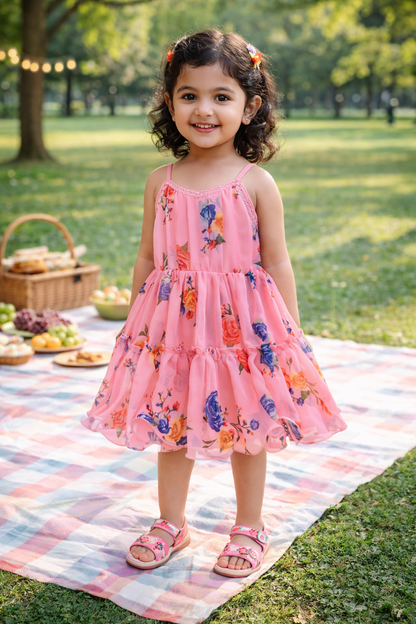 Girls Floral Printed Strappy Dress