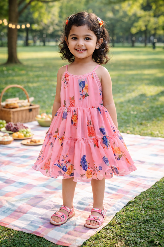 Girls Peach Floral Printed Strappy Dress