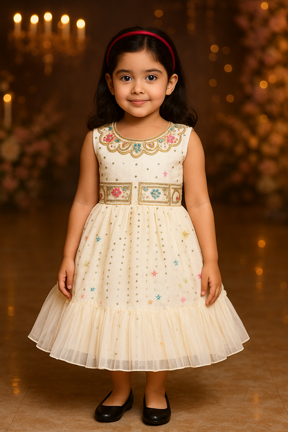 Beautiful White Georgette Sleeveless Baby Girl Dress with Embroidered Floral Pattern & Knee-Length Ruffle Hem