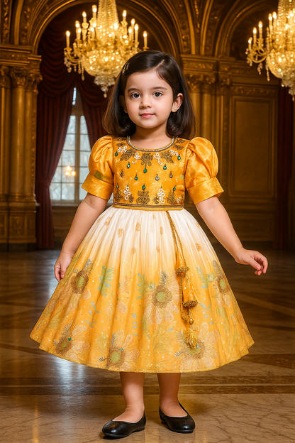 Girls Satin Party Wear Frock with Puff Sleeves & Floral Embroidery – Knee Length