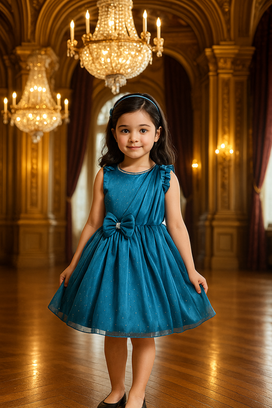 Girls Party Wear Satin Fit & Flare Dress | Sleeveless Shimmery Design with Bow Belt & Shoulder Ruffle