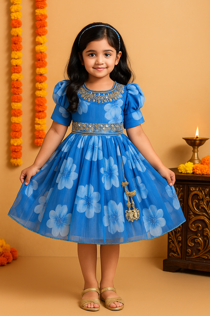 Georgette Party Dress for Girls – Embroidered Neckline, Puff Sleeves & Floral Print Design