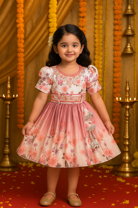 Girls Floral Satin Party Dress with Embroidery & Puff Sleeves