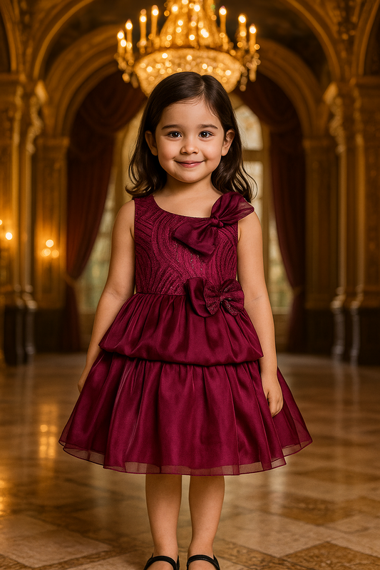Girls Satin Layered Party Dress with Bow Design