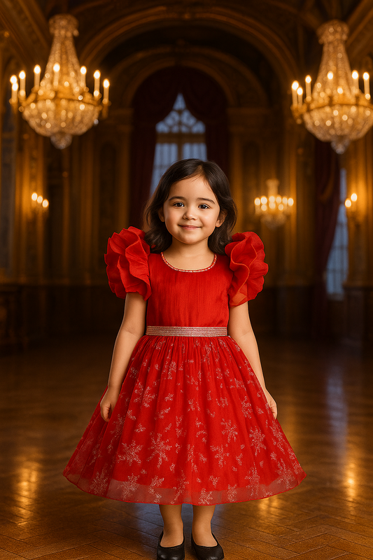 Girls Studded Balloon Sleeve Glitter Floral Party Dress