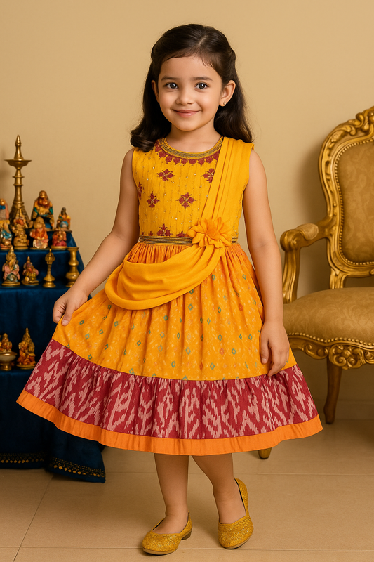 Girls Patola Print Sequin Embroidered Sleeveless Ethnic Dress