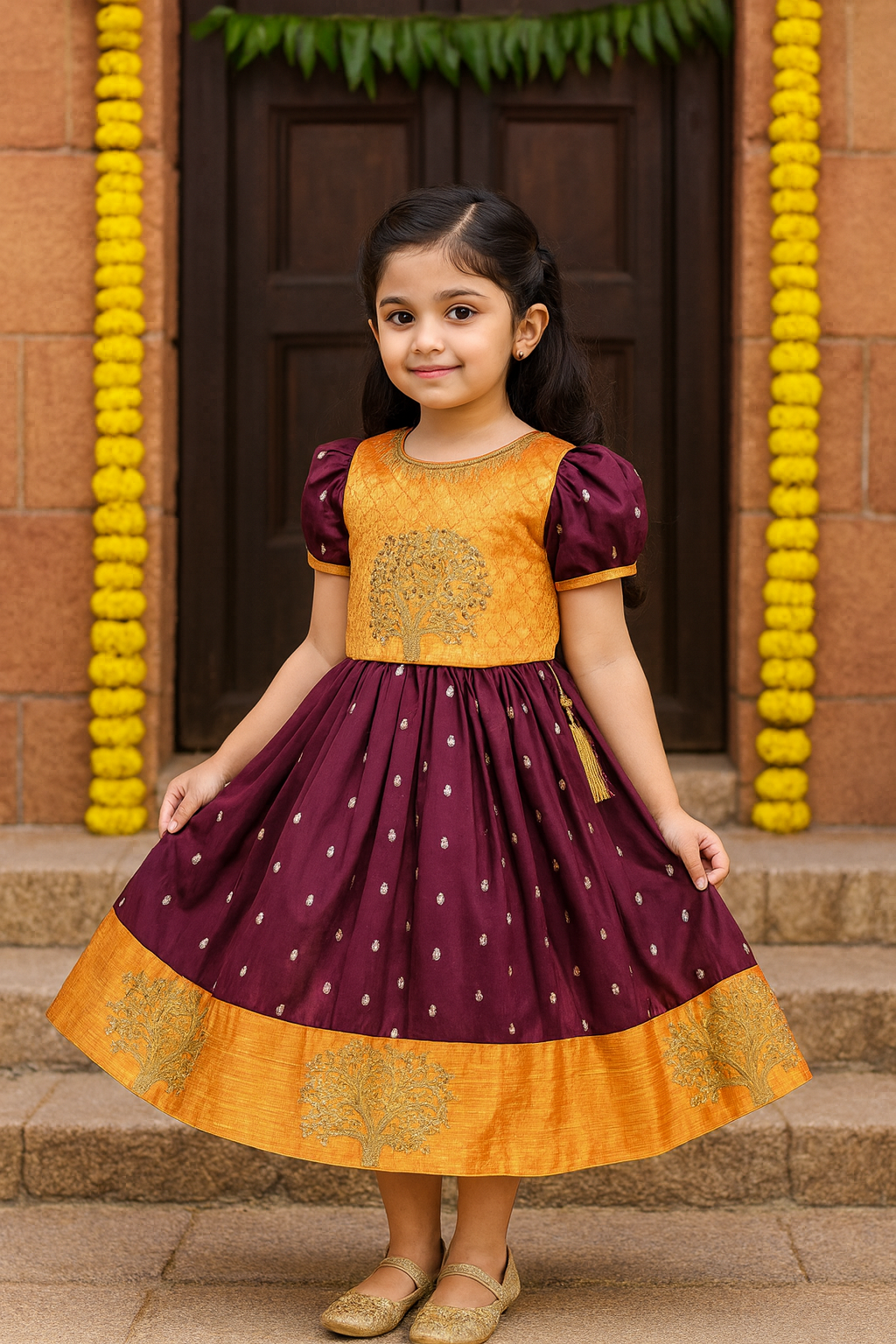 Girls Silk Embroidered Motif Ethnic Dress