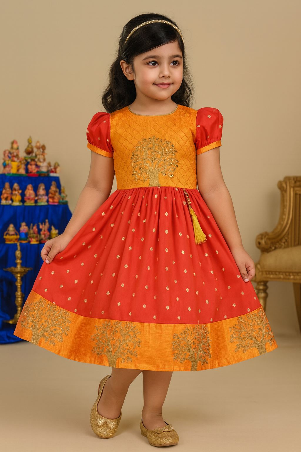 Girls Silk Embroidered Motif Ethnic Dress