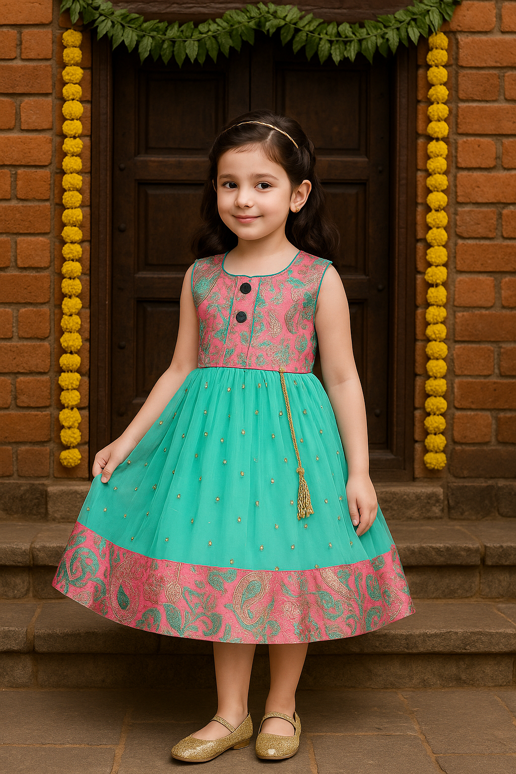 Girls Floral Zari Sequin Flared Dress