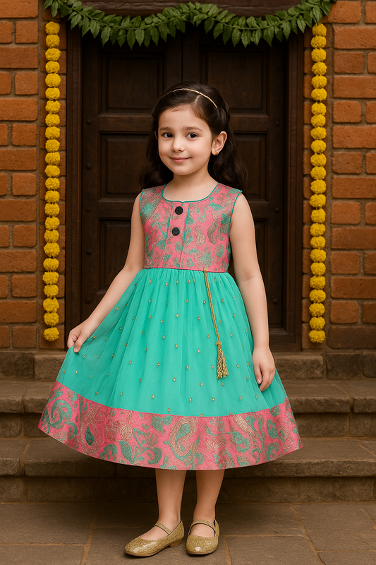 Girls Floral Zari Sequin Flared Dress