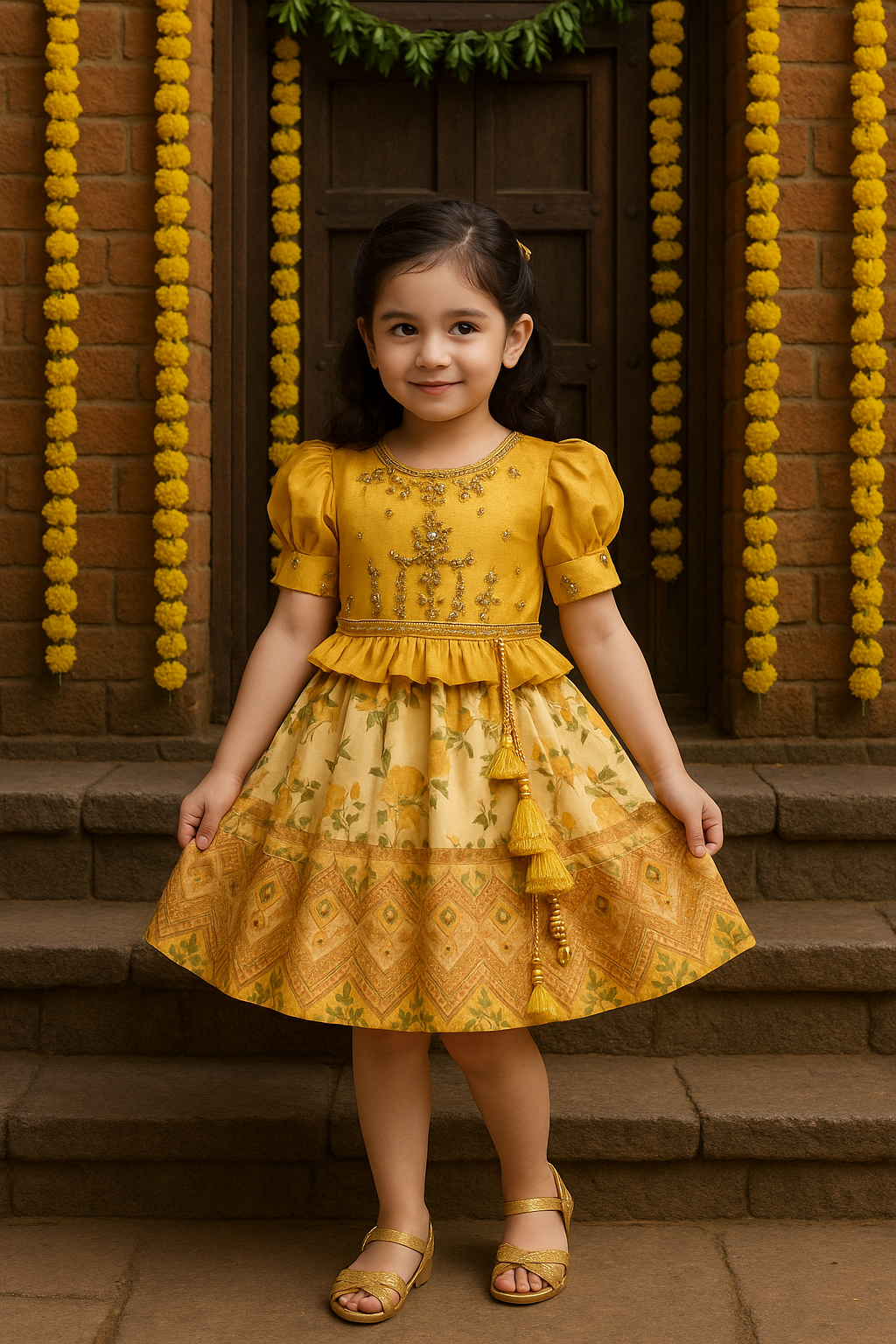 Girls Bead Embellished Printed Silk Ethnic Dress
