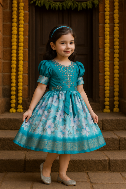 Girls Bead Embellished Zari Border Ethnic Dress
