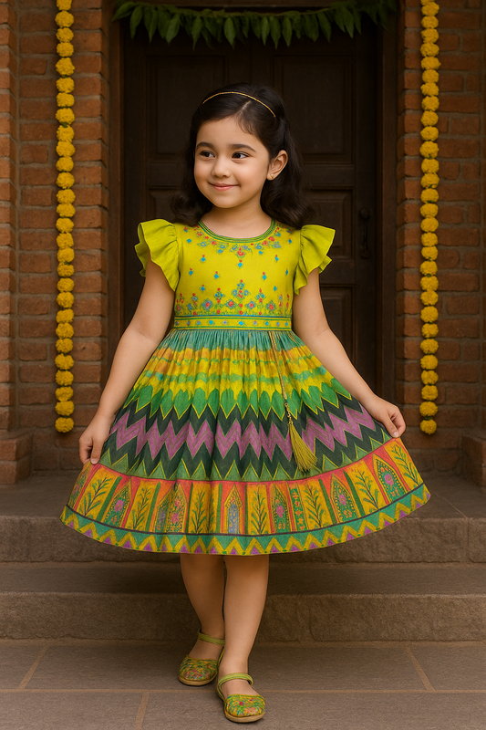 Girls Ethnic Printed and Embroidered Dress