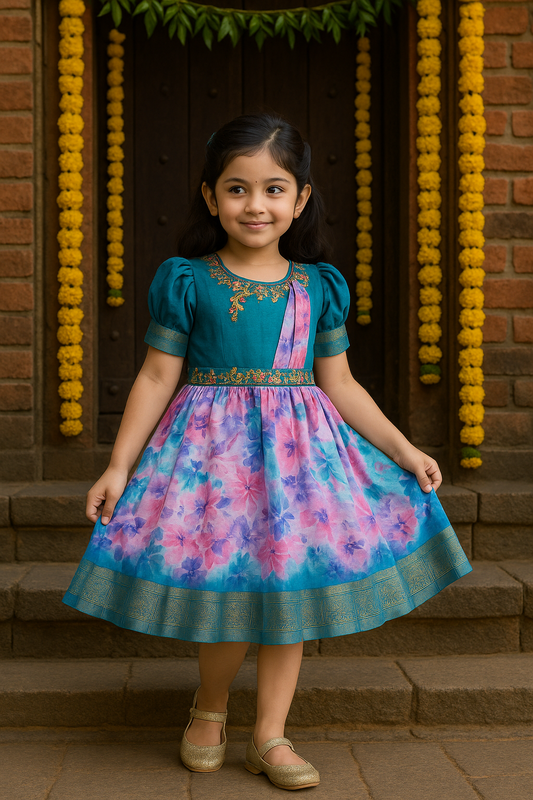 Girls Floral Print Bead Embellished Stylish Ethnic Dress