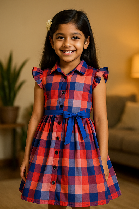 Girls Checked Print Cotton Summer Dress