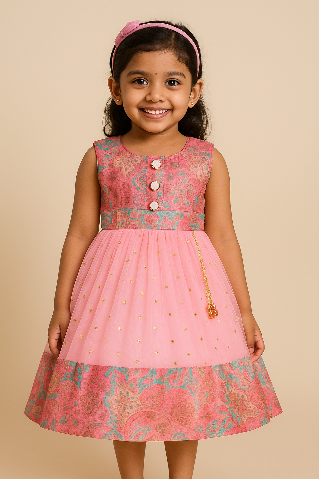 Girls Floral Zari Sequin Flared Dress