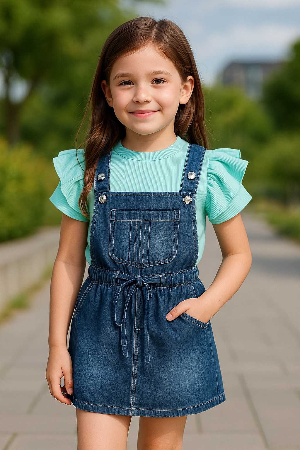 Girls Solid Top and Shorts Dungaree Set