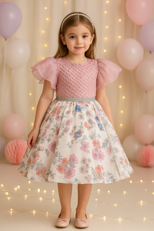 Girls Floral Embellished Flared Sleeves Party Dress