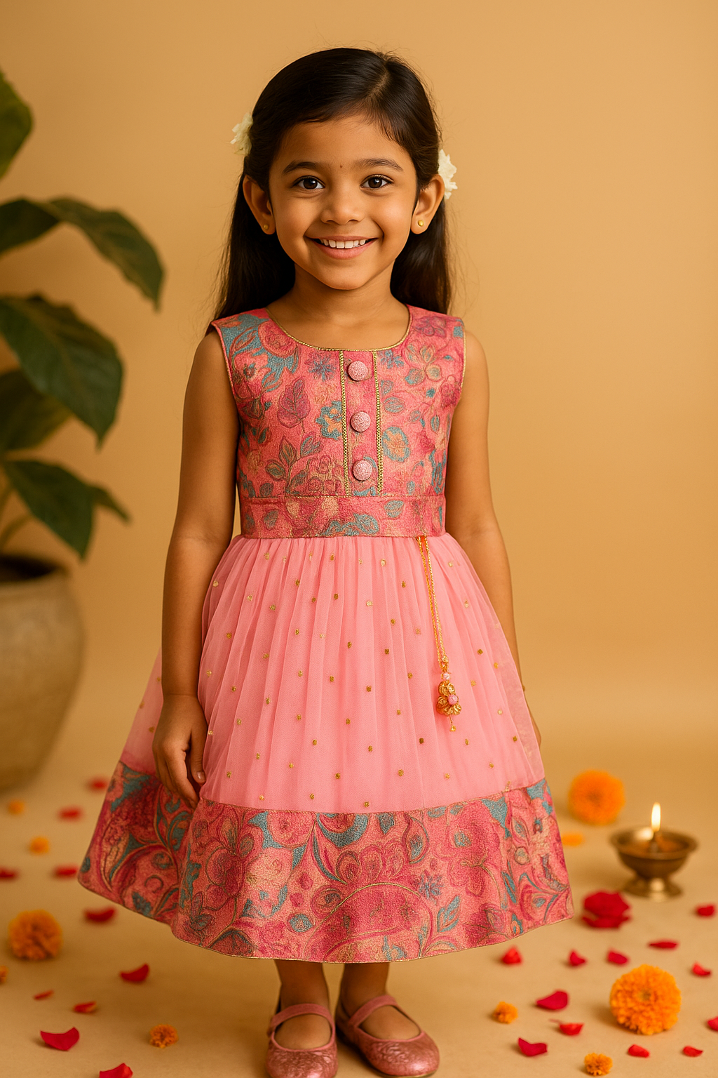 Girls Floral Zari Sequin Flared Dress