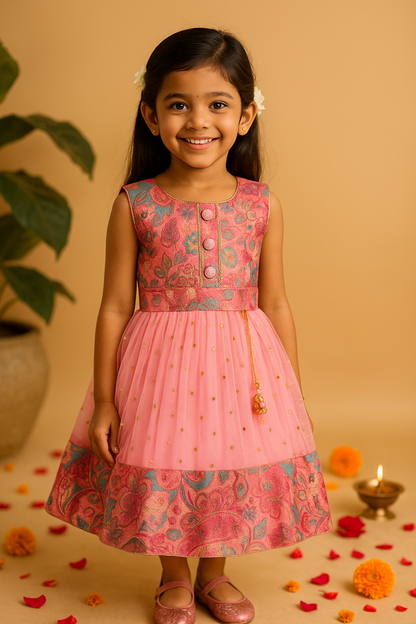 Girls Floral Zari Sequin Flared Dress