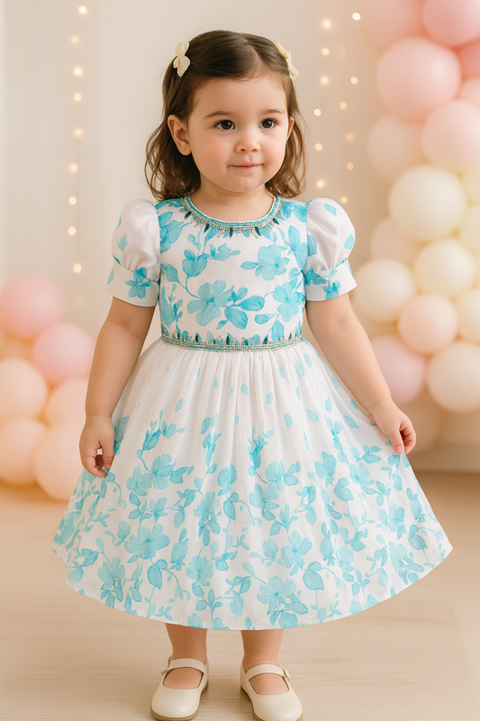 Girls Floral Print Bead Embellished Flared Party Dress