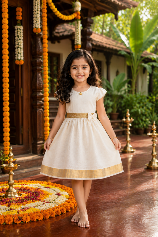 Baby Girls Goden Kasavu Zari Frock Dress - Onam Special