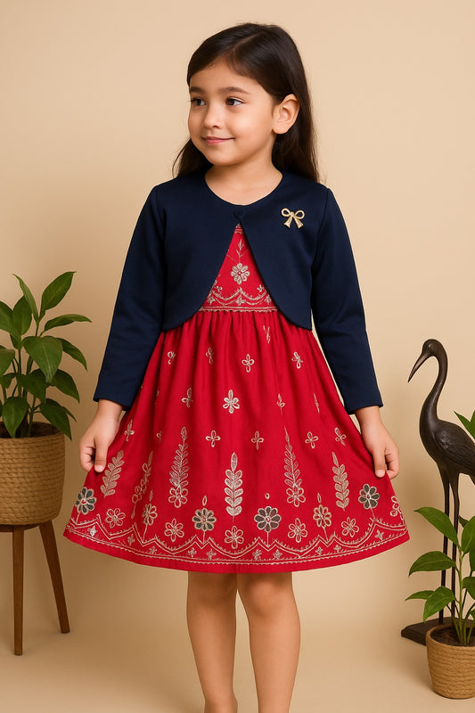 Red Embroidered Silk Blend Frock with Navy Satin Jacket for Girls – Full Sleeves, Winter Party Wear
