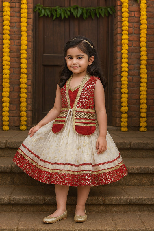 Girls Brocade Jacket Style Net Flared Dress