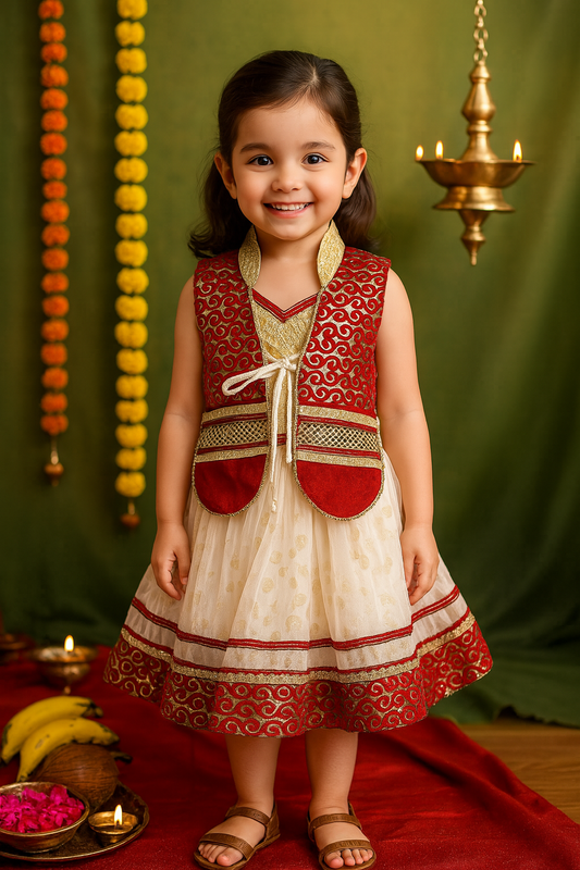 Girls Brocade Jacket Style Net Flared Dress