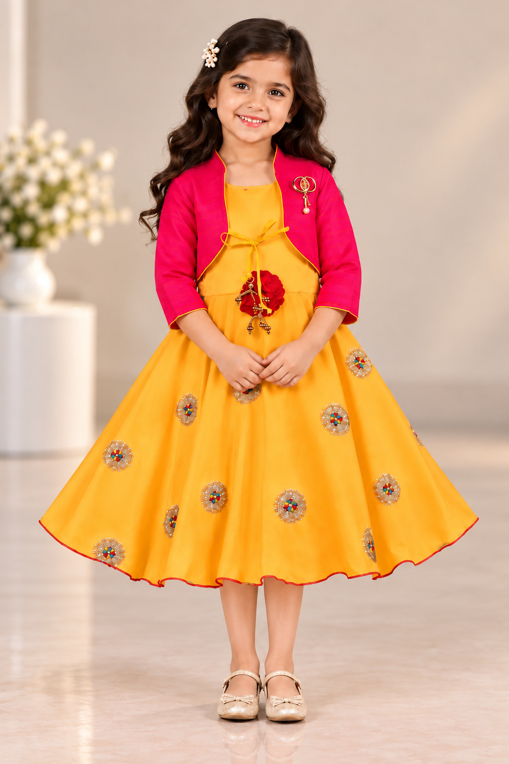 Baby Girls Silk Dress with Jacket – Yellow