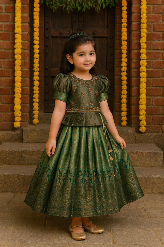 Girls Woven Zari Printed Bead Embellished Ethnic Dress