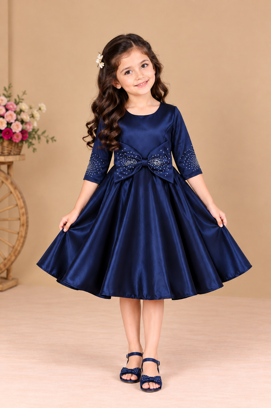 Baby Girls Satin Silk Party Dress with Bow – Blue