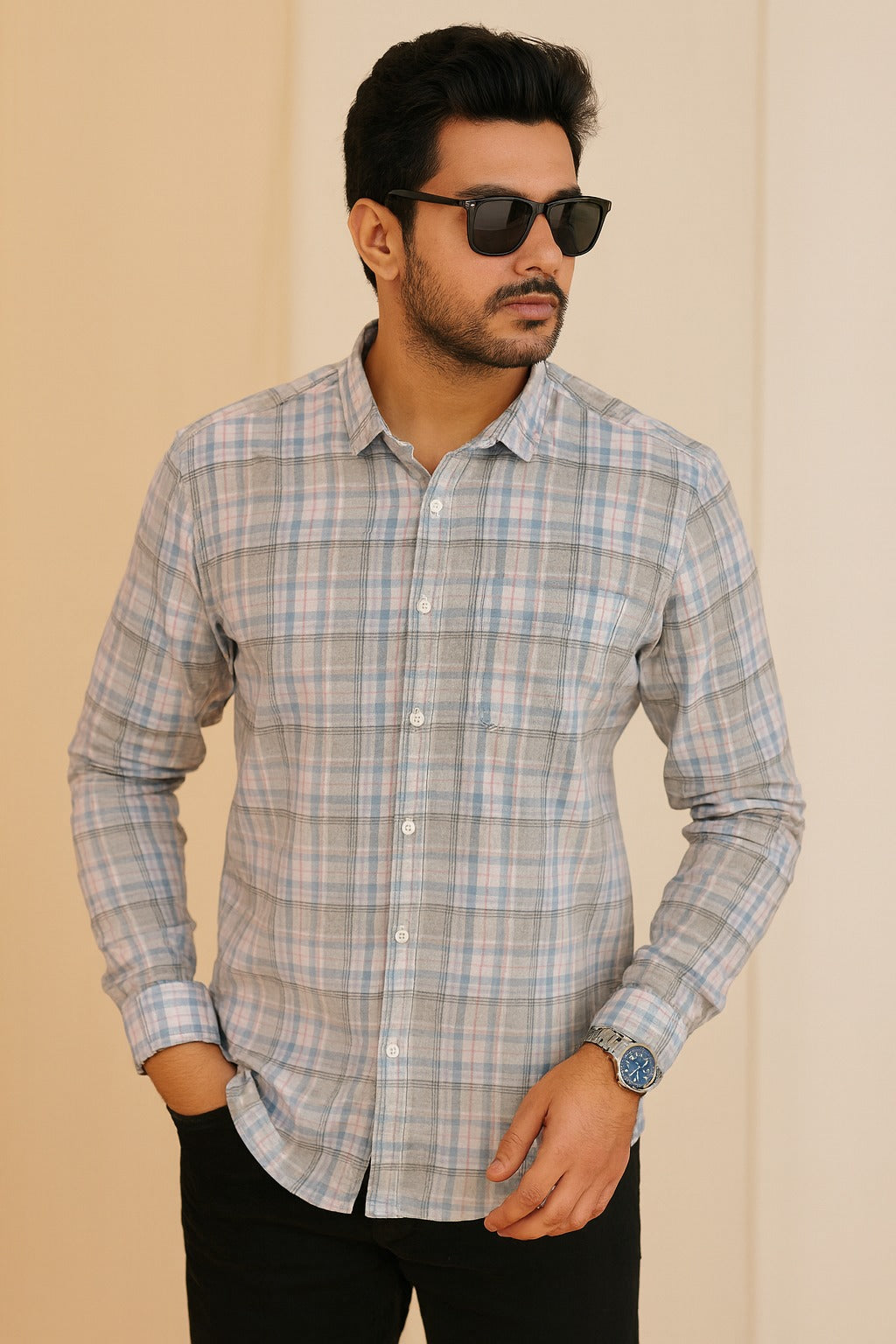 Men’s Cotton Blend Checkered Shirt with Long Sleeves