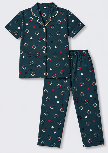Kids Cotton Printed Night Suit Set – Navy Blue Confetti Print