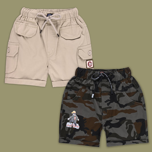 Boys Cotton Army Print Cargo Summer Shorts Combo
