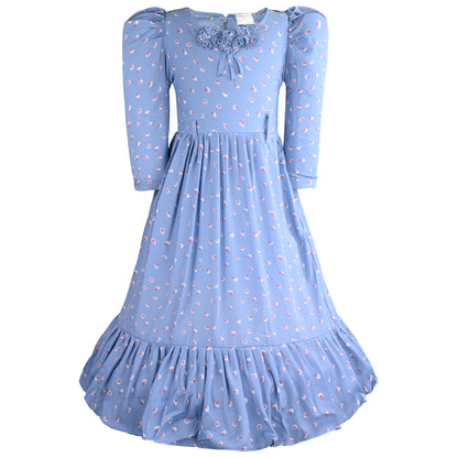 Girls Printed Puff Sleeve Midi Dress
