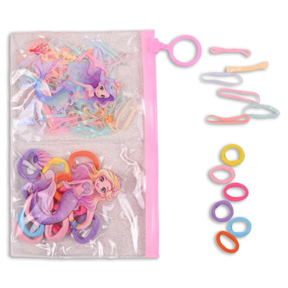 Mermaid Theme Kids Hair Accessories Set – Multicolor Rubber Bands & Hair Ties with Zip Pouch (Girls)