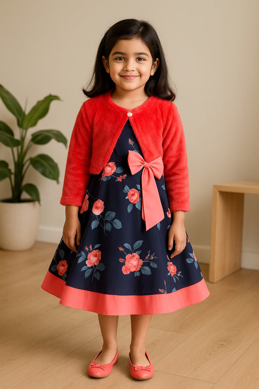 Girls Full Sleeve Floral Print A-Line Frock Dress