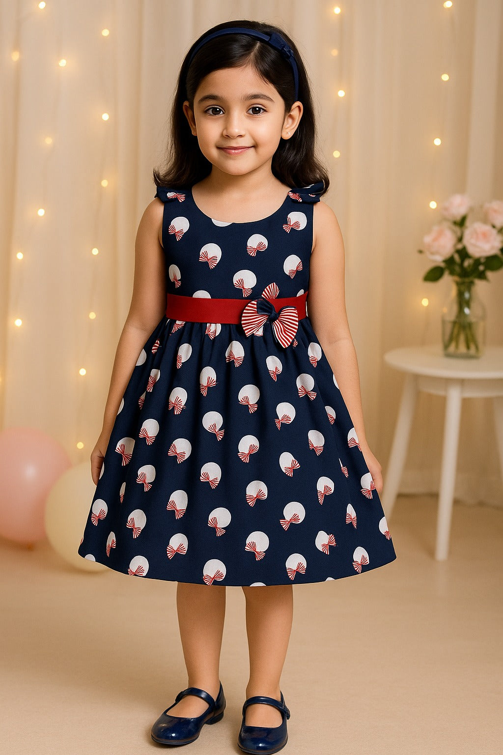 Girls Cotton Printed Bow Flared Dress