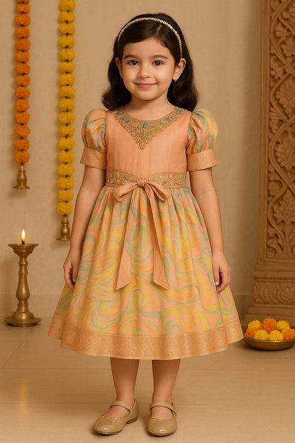 Girls Floral Bead Embellished Puff Sleeve Ethnic Dress