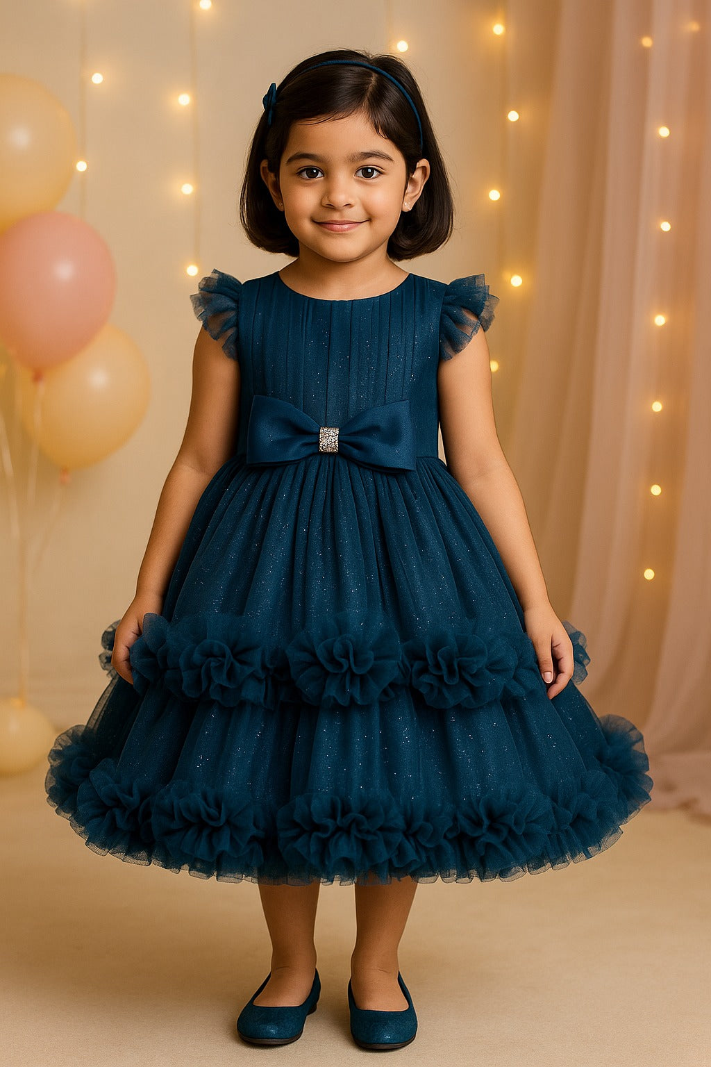 Girls Bow Layered Net Flared Party Dress