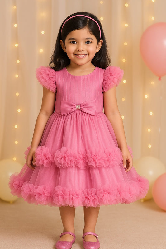 Girls Bow Layered Net Flared Party Dress