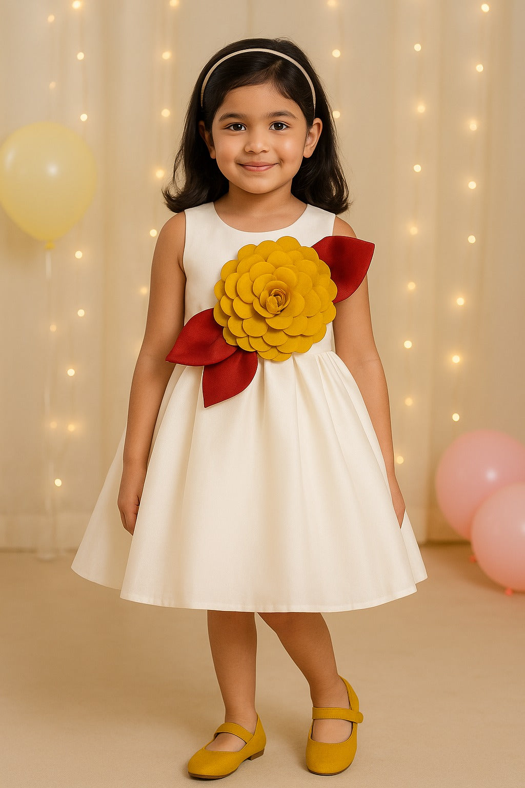 Girls Elegant Floral Applique Pleated Party Dress