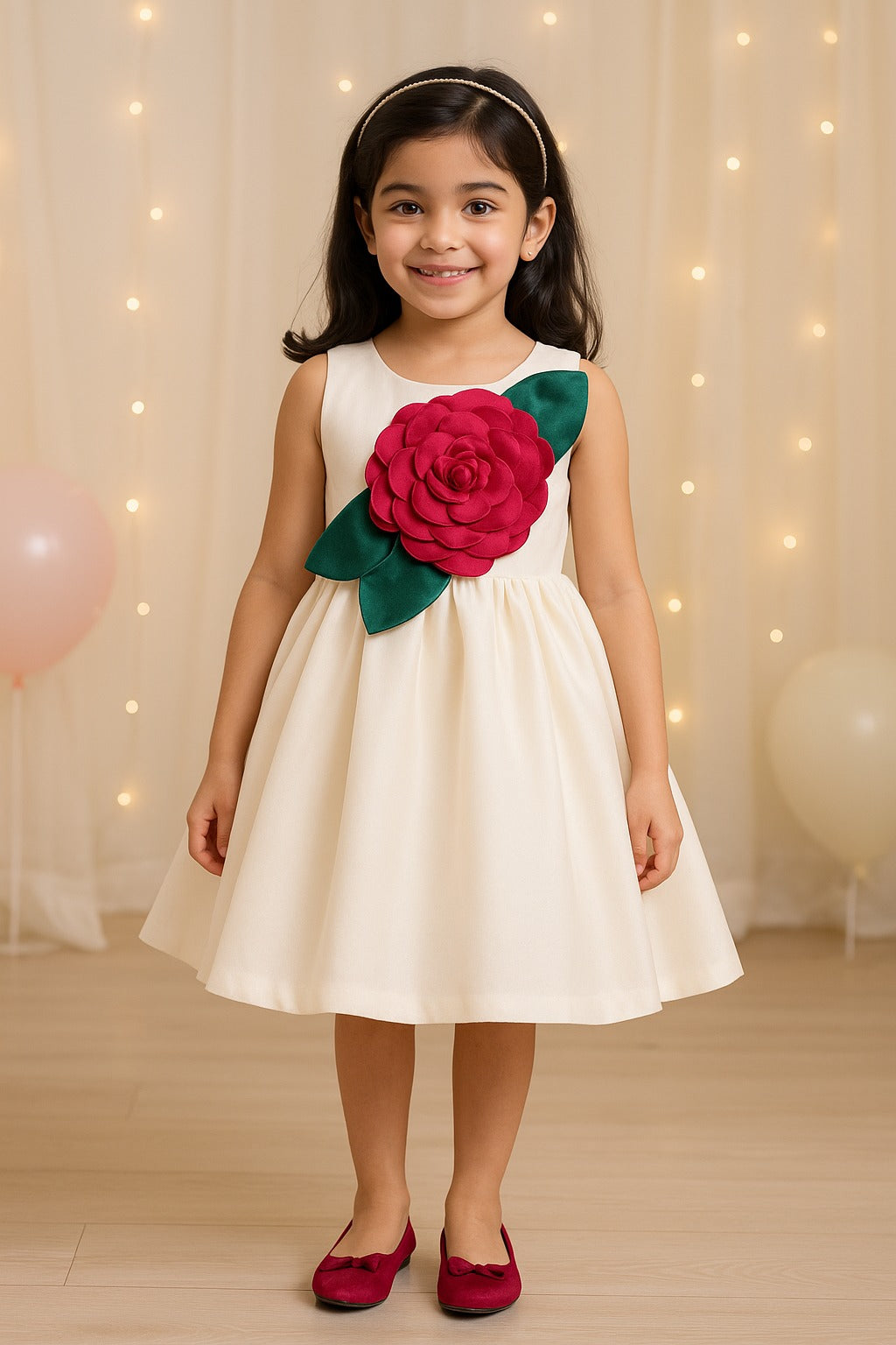 Girls Elegant Floral Applique Pleated Party Dress