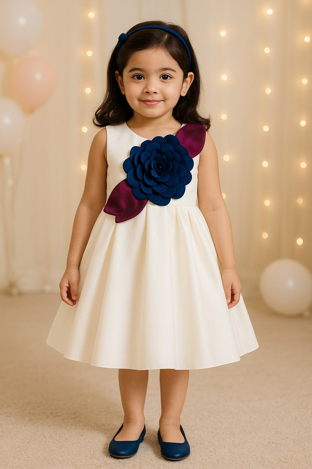 Girls Elegant Floral Applique Pleated Party Dress
