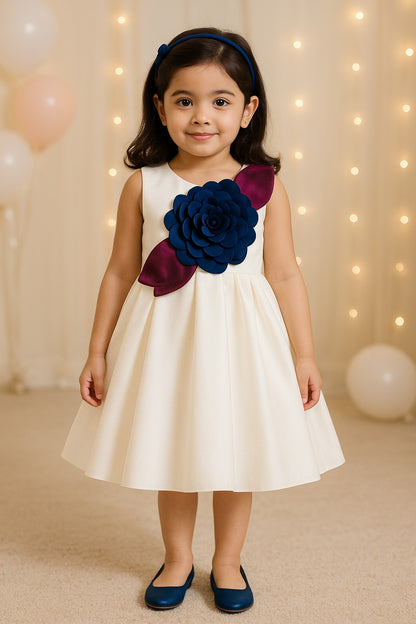 Girls Elegant Floral Applique Pleated Party Dress