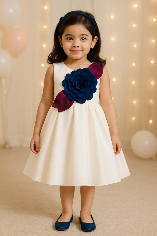 Girls Elegant Floral Applique Pleated Party Dress